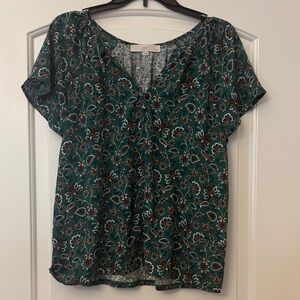 LOFT Teal Floral V-Neck Short Sleeve Blouse